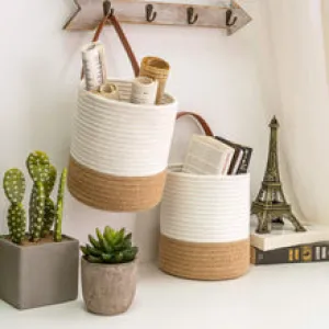 handmakers Duo of Rustic Elegance: 2-Pack Hanging Woven Jute Rope Baskets
