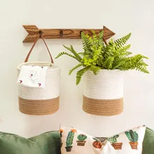 handmakers Duo of Rustic Elegance: 2-Pack Hanging Woven Jute Rope Baskets