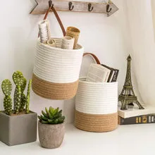 handmakers Duo of Rustic Elegance: 2-Pack Hanging Woven Jute Rope Baskets