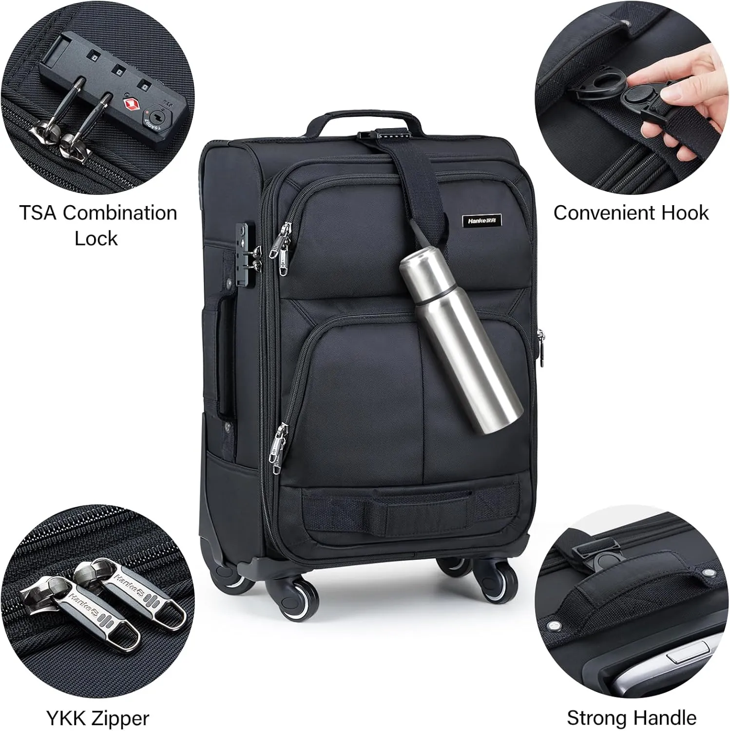 Hanke Softside Expandable Carry On Luggage with spinner wheels, Multi-function Tsa Approved Luggage,Black,Carry-On 20-Inch