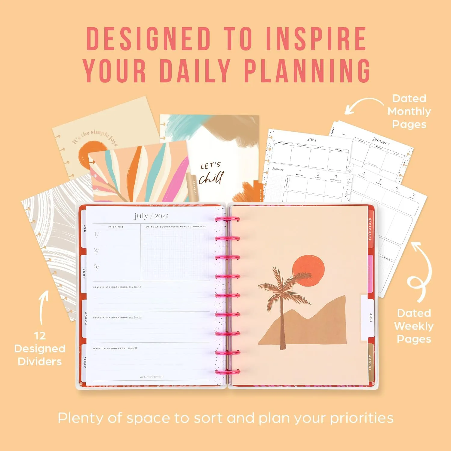 Happy Planner Disc-Bound 12-Month Diary, January 2024–December 2024 Daily, Weekly, and Monthly Diary, Classic Size, Wellness Layout, Organic Wellness Theme, 17.78 Centimetres x 23.50 Centimetres