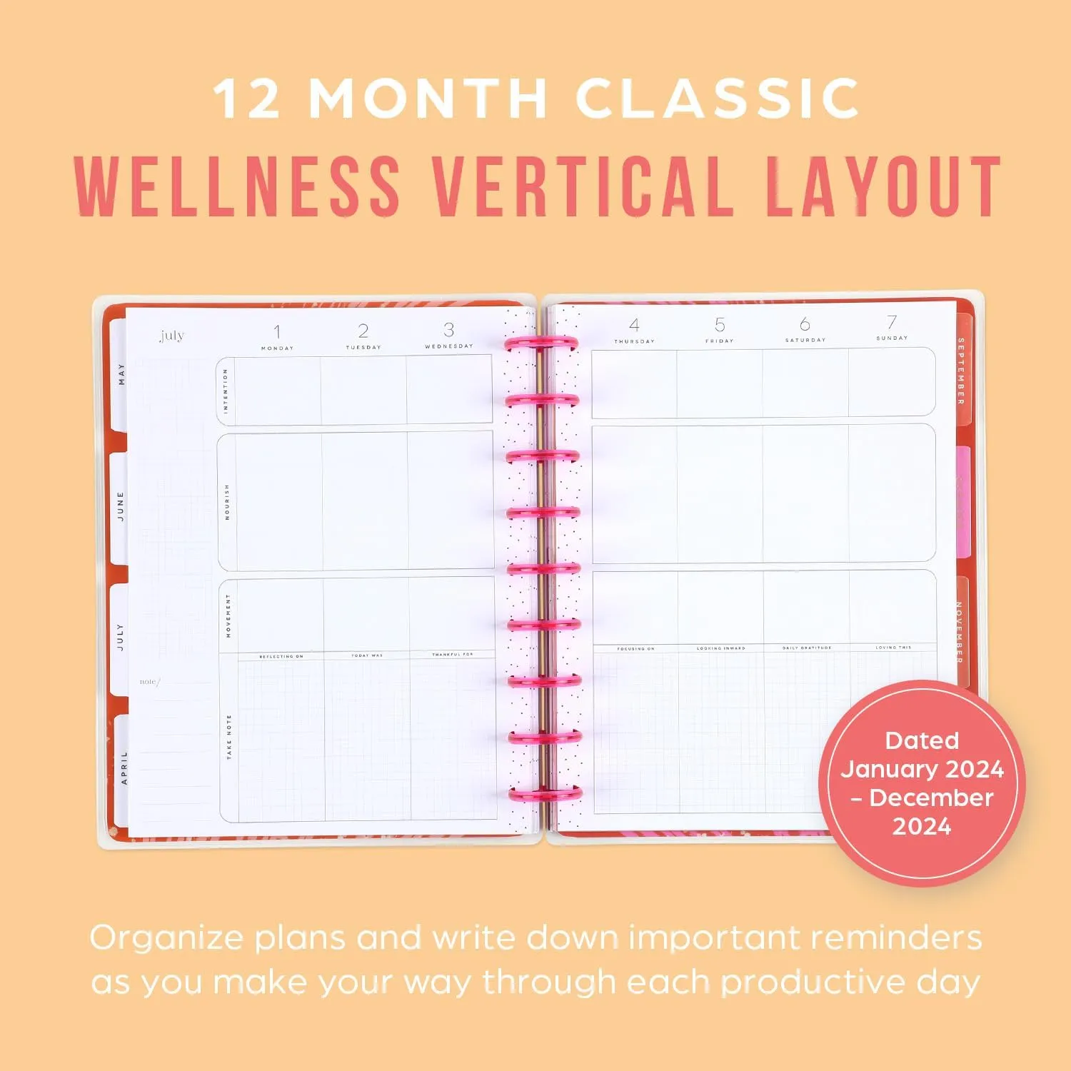 Happy Planner Disc-Bound 12-Month Diary, January 2024–December 2024 Daily, Weekly, and Monthly Diary, Classic Size, Wellness Layout, Organic Wellness Theme, 17.78 Centimetres x 23.50 Centimetres