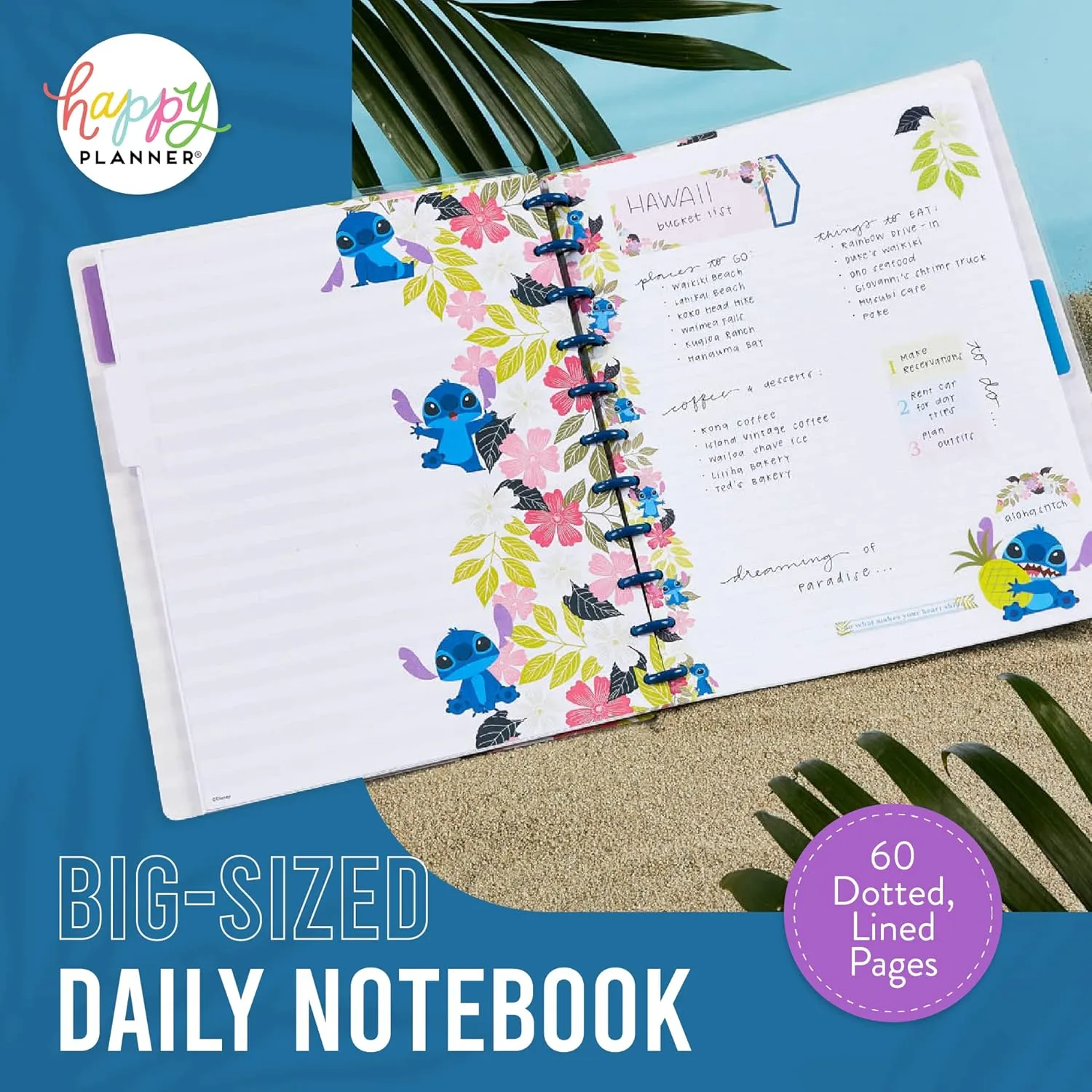 Happy Planner Disney Aloha Stitch Notebook, Lilo and Stitch Undated Journal for School or the Office, Disc-Bound Notebook Journal Exclusively Sold on Amazon, Big Size, 11" x 8.5", 60 Sheets