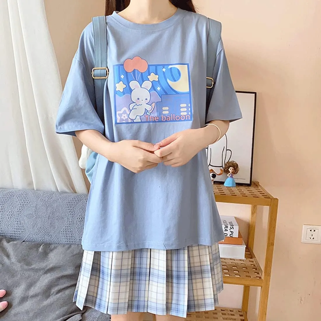 Harajuku Style Kawaii Fashion Pastel Gothic Clothes Soft Crewneck Cartoon Bunny with Balloon Print T-Shirt