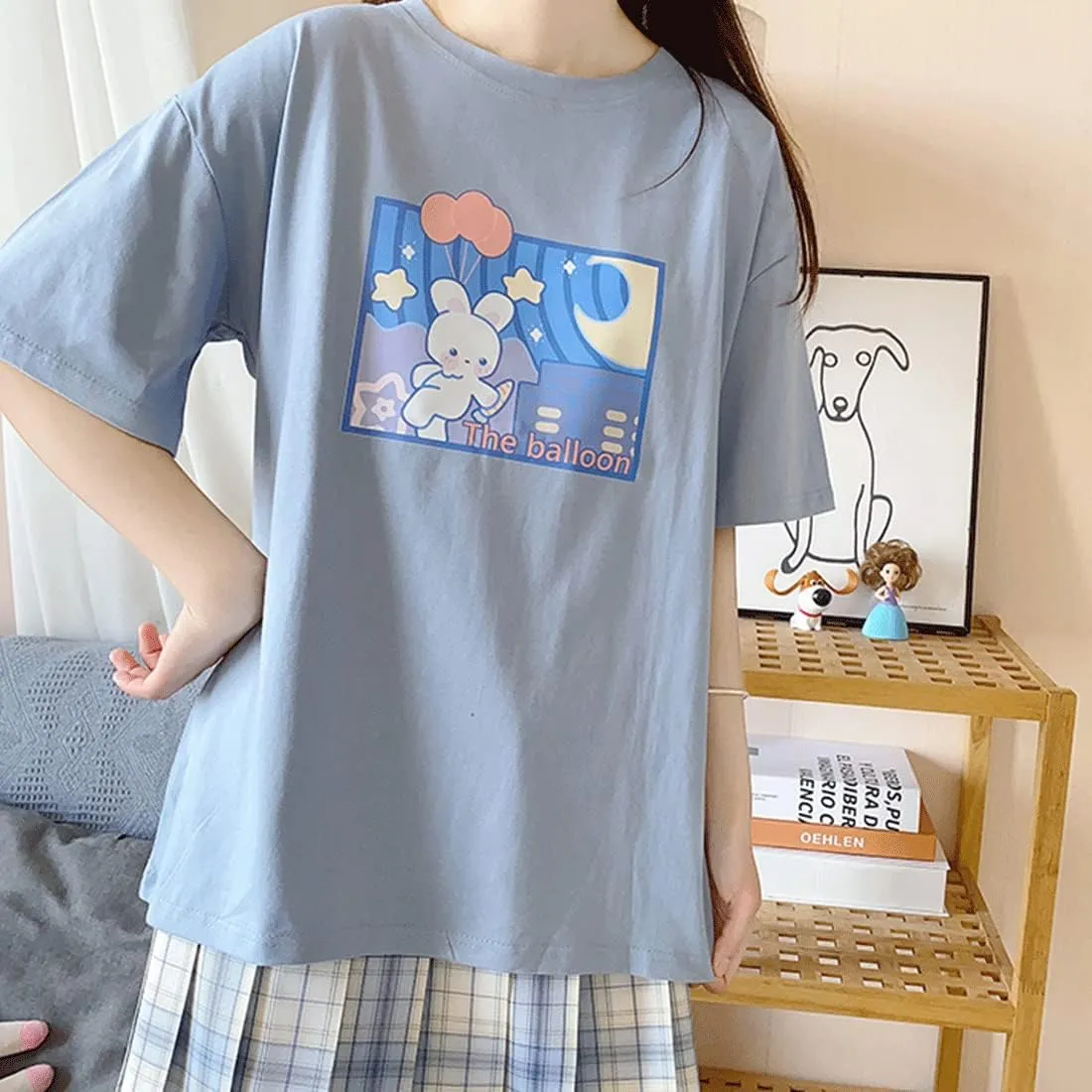 Harajuku Style Kawaii Fashion Pastel Gothic Clothes Soft Crewneck Cartoon Bunny with Balloon Print T-Shirt