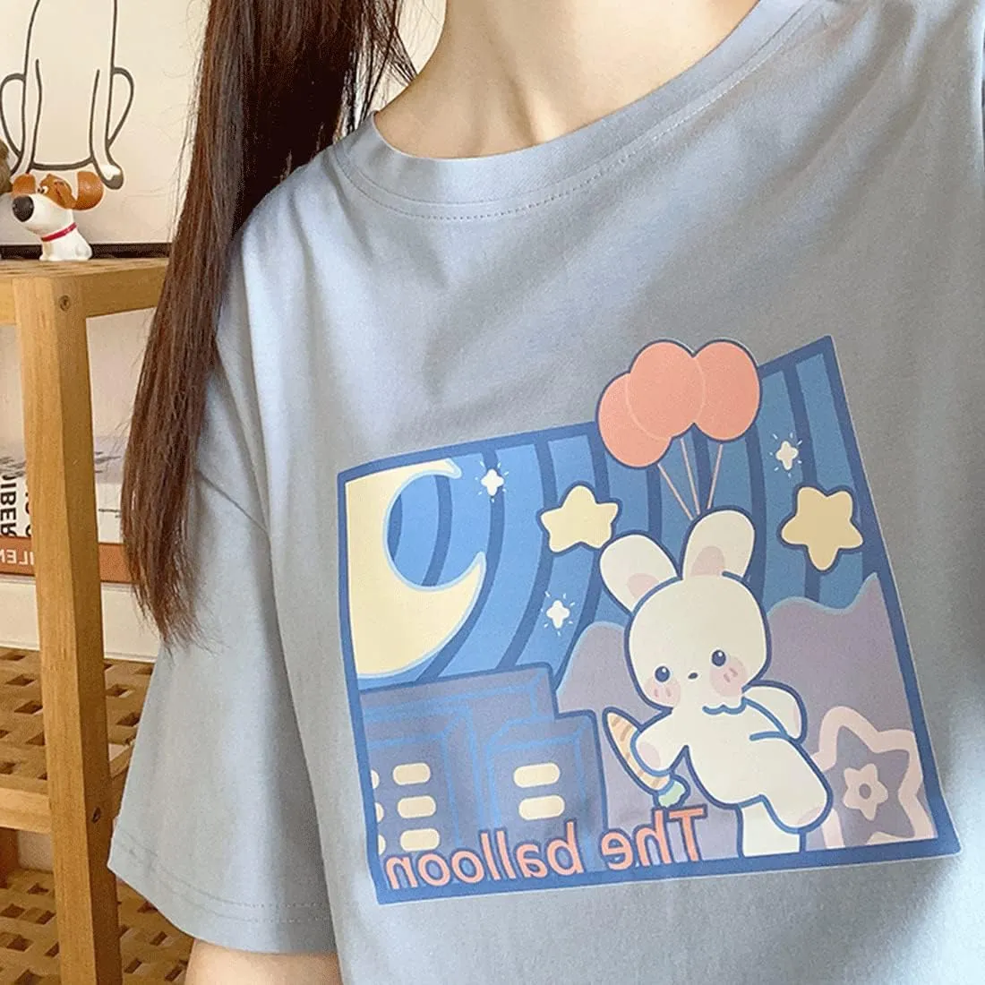 Harajuku Style Kawaii Fashion Pastel Gothic Clothes Soft Crewneck Cartoon Bunny with Balloon Print T-Shirt