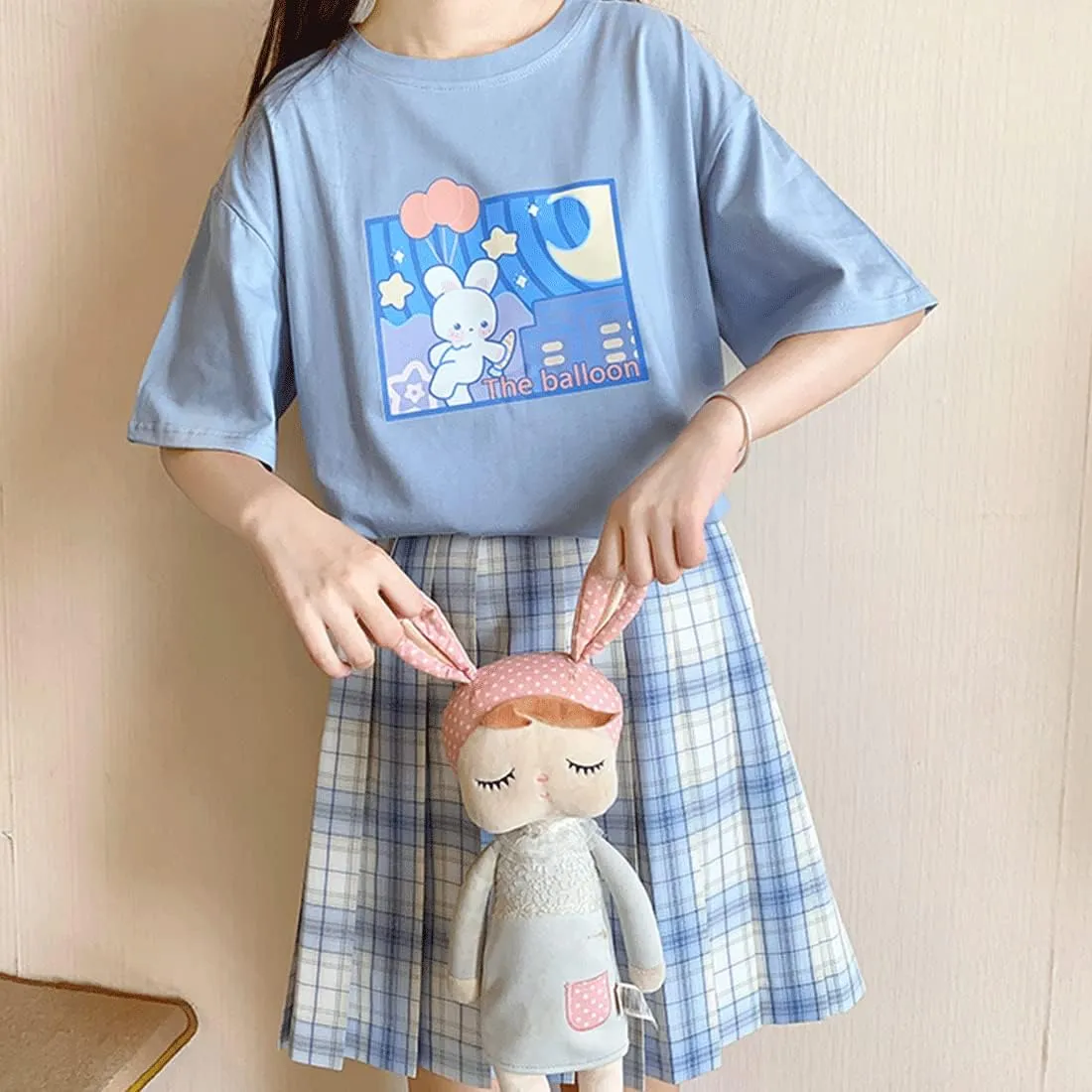 Harajuku Style Kawaii Fashion Pastel Gothic Clothes Soft Crewneck Cartoon Bunny with Balloon Print T-Shirt