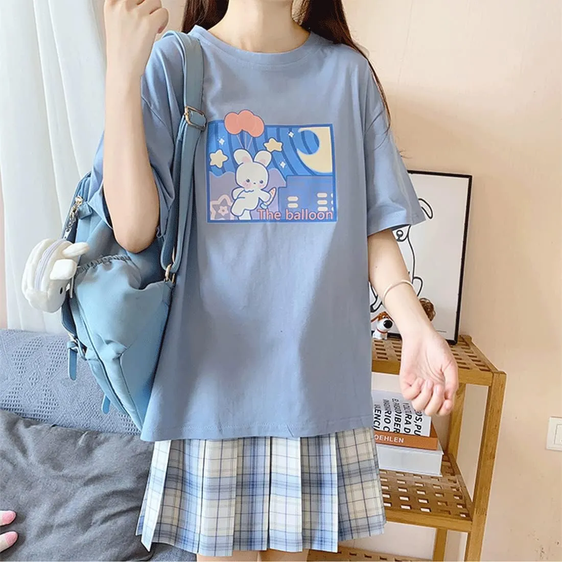 Harajuku Style Kawaii Fashion Pastel Gothic Clothes Soft Crewneck Cartoon Bunny with Balloon Print T-Shirt
