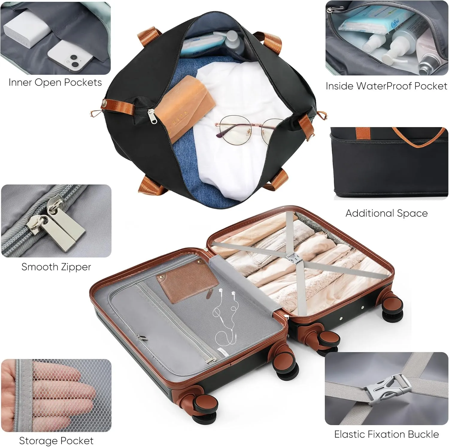 Hard-shell Carry-on Durable Luggage, Front Opening 20-Inch Carry-On Luggage with Expandable Travel Bag Set, ABS Hard Shell Two-piece suitcase set with USB Port, Cup Holder (Black)