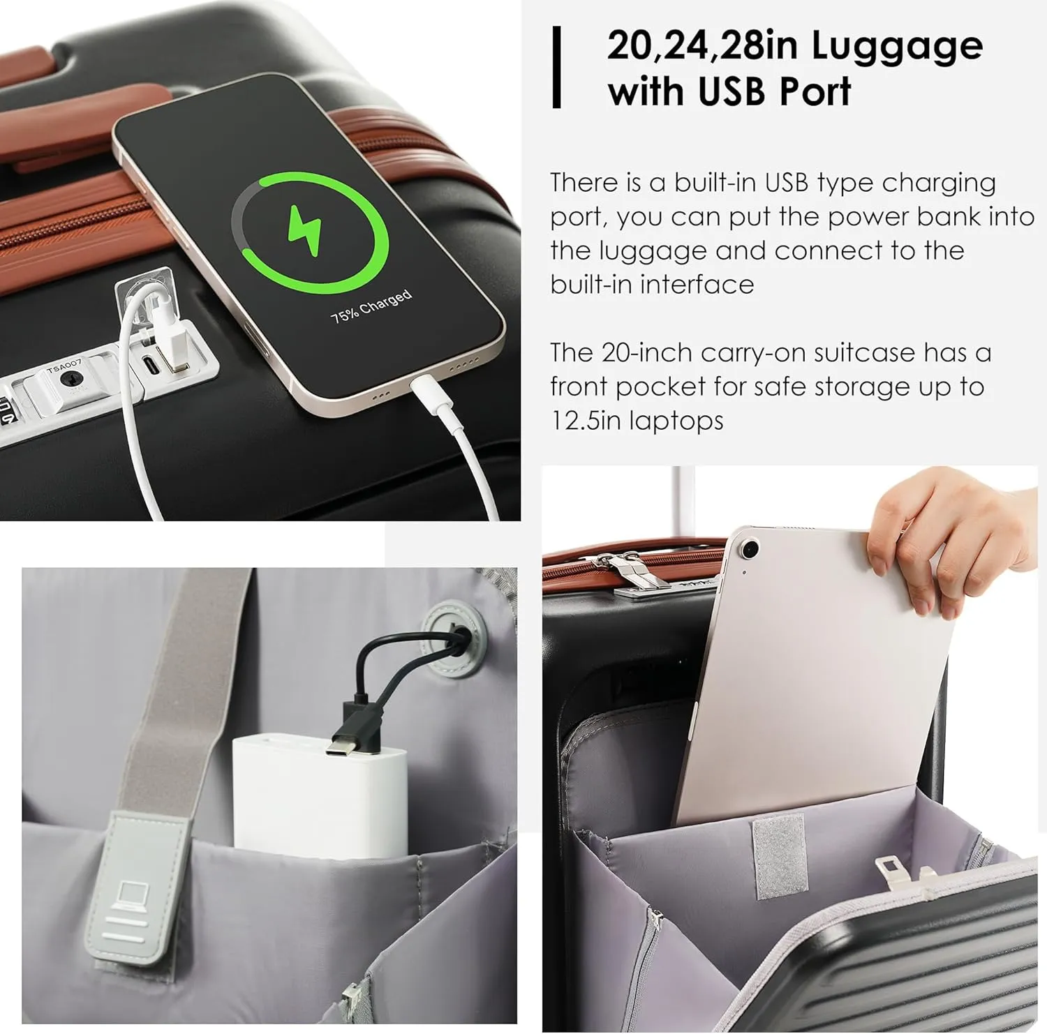 Hard-shell Carry-on Durable Luggage, Front Opening 20-Inch Carry-On Luggage with Expandable Travel Bag Set, ABS Hard Shell Two-piece suitcase set with USB Port, Cup Holder (Black)
