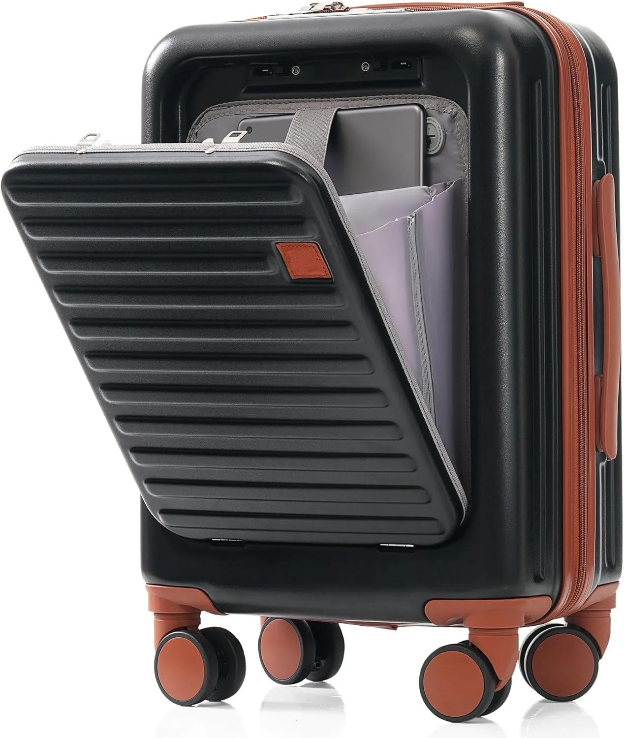 Hard-shell Carry-on Durable Luggage, Front Opening 20-Inch Carry-On Luggage with Expandable Travel Bag Set, ABS Hard Shell Two-piece suitcase set with USB Port, Cup Holder (Black)