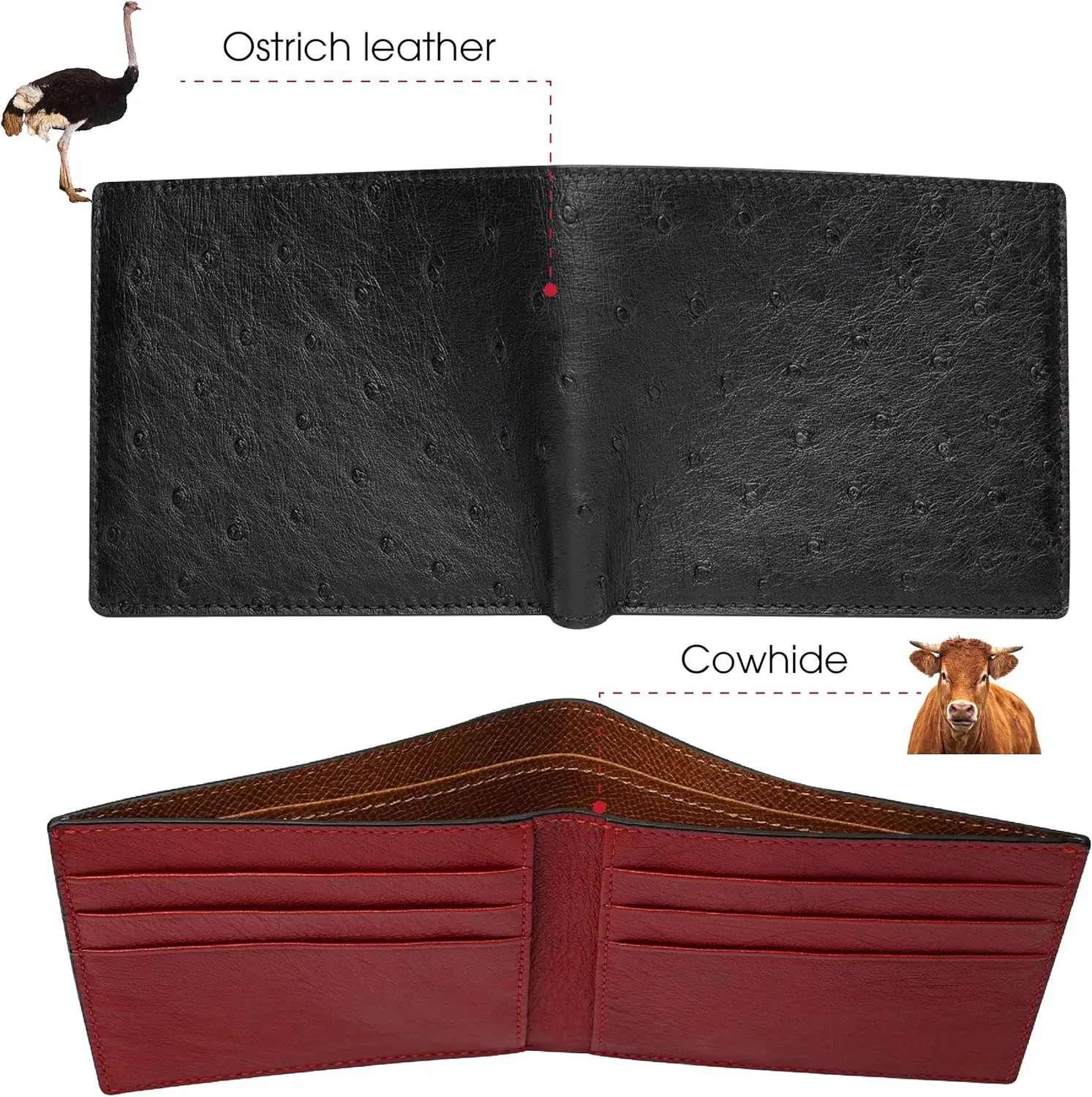 HATA Black Red Ostrich Leather Bifold Wallet Double Side RFID Blocking Front Pocket Slim Wallet Durable Luxury Gift For Men Handmade Vietnamese VINAMOS-17