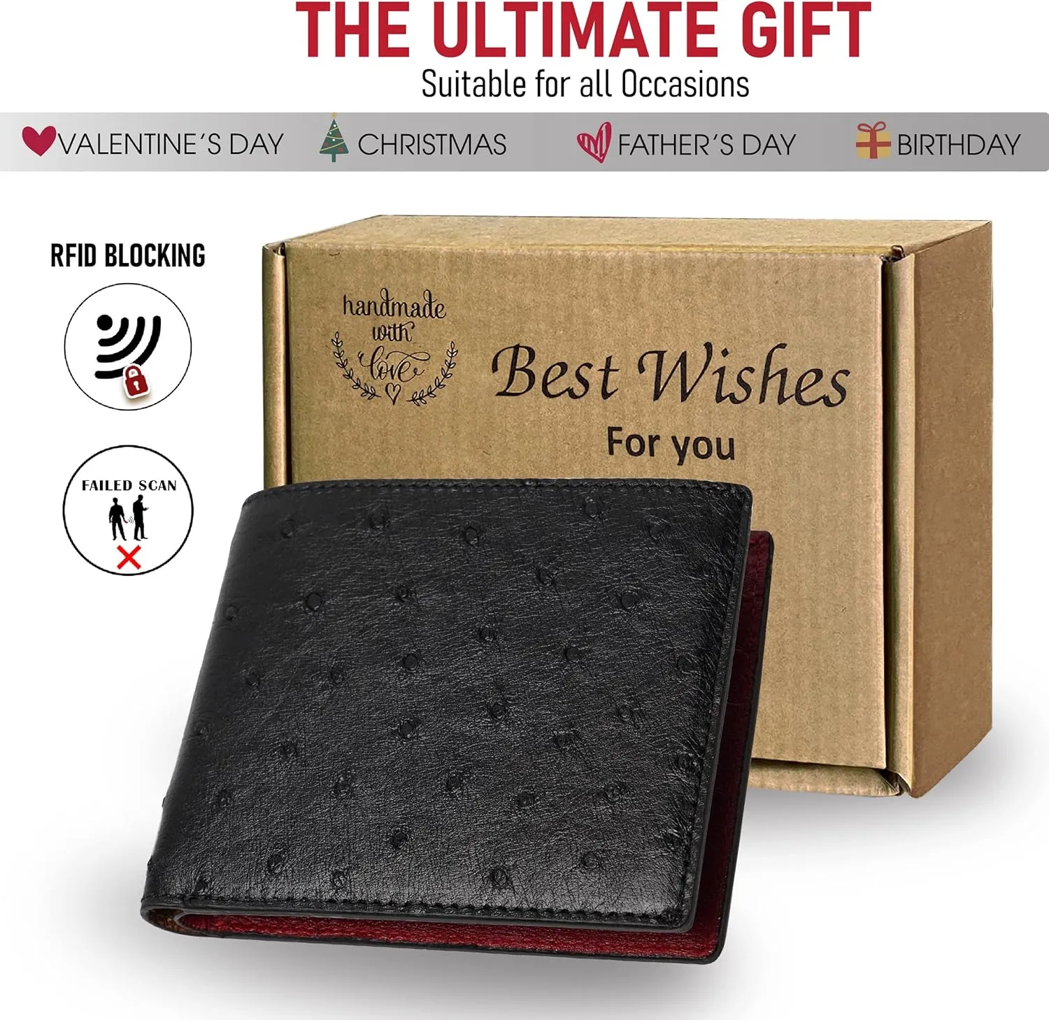 HATA Black Red Ostrich Leather Bifold Wallet Double Side RFID Blocking Front Pocket Slim Wallet Durable Luxury Gift For Men Handmade Vietnamese VINAMOS-17