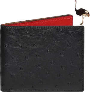 HATA Black Red Ostrich Leather Bifold Wallet Double Side RFID Blocking Front Pocket Slim Wallet Durable Luxury Gift For Men Handmade Vietnamese VINAMOS-17
