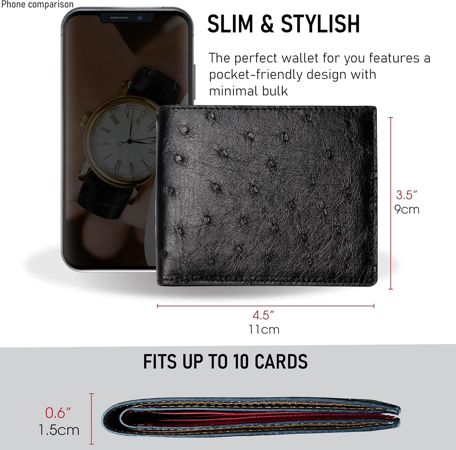 HATA Black Red Ostrich Leather Bifold Wallet Double Side RFID Blocking Front Pocket Slim Wallet Durable Luxury Gift For Men Handmade Vietnamese VINAMOS-17