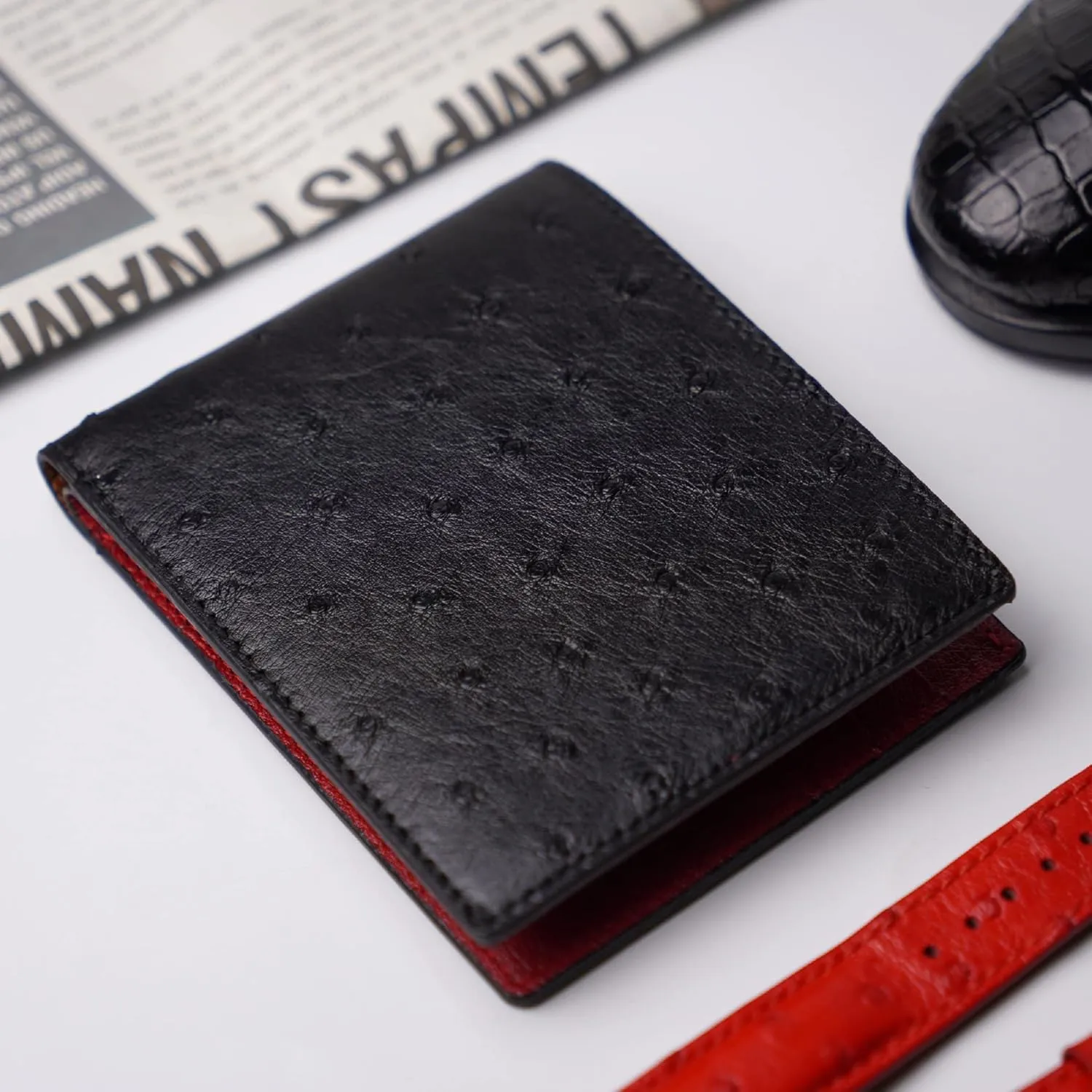 HATA Black Red Ostrich Leather Bifold Wallet Double Side RFID Blocking Front Pocket Slim Wallet Durable Luxury Gift For Men Handmade Vietnamese VINAMOS-17
