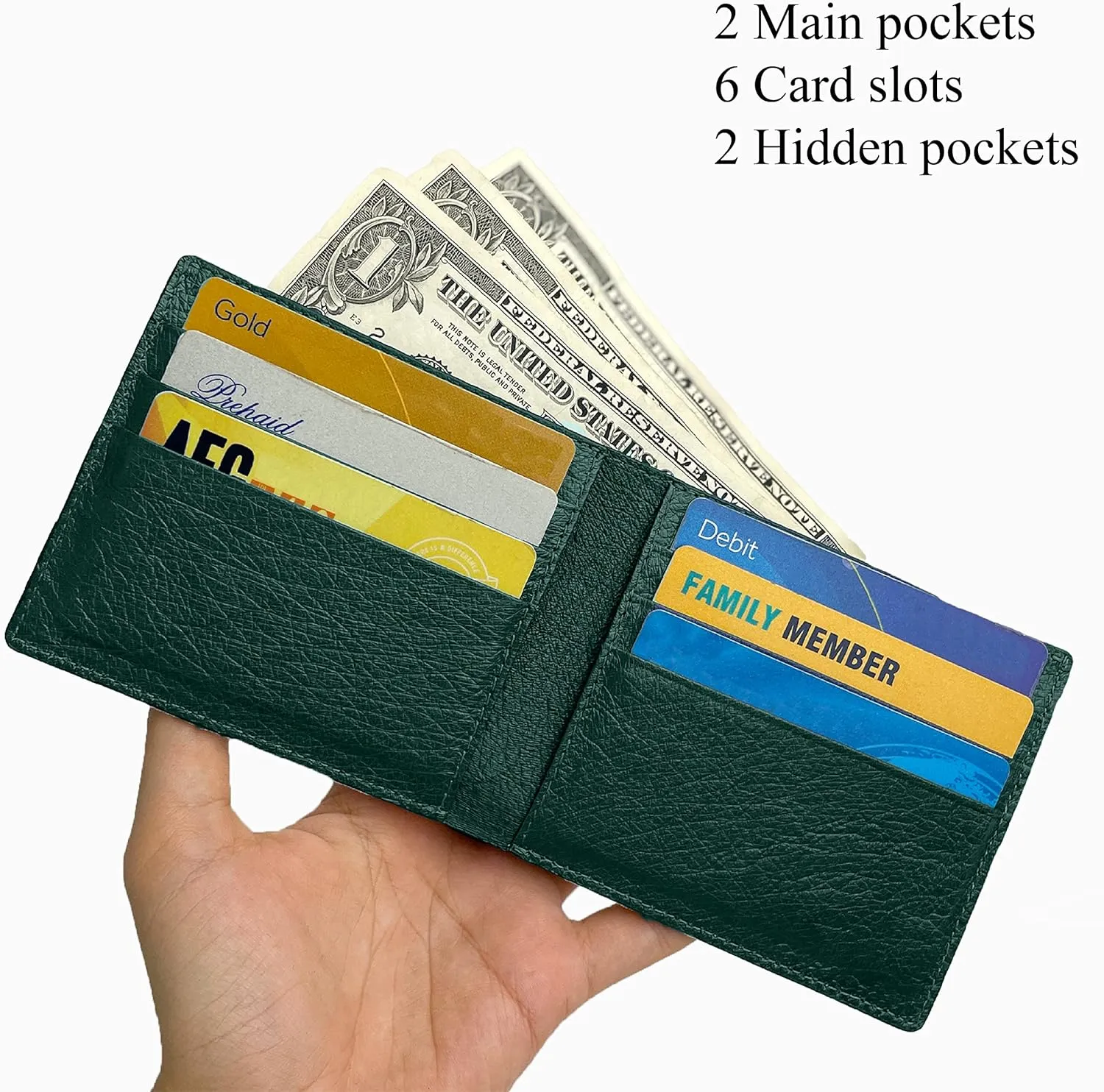 HATA Green Mens Ostrich Leather Bifold Wallet Double Side RFID Blocking Front Pocket Slim Wallet Gift For Him Handmade Vietnamese VINAMOS-08