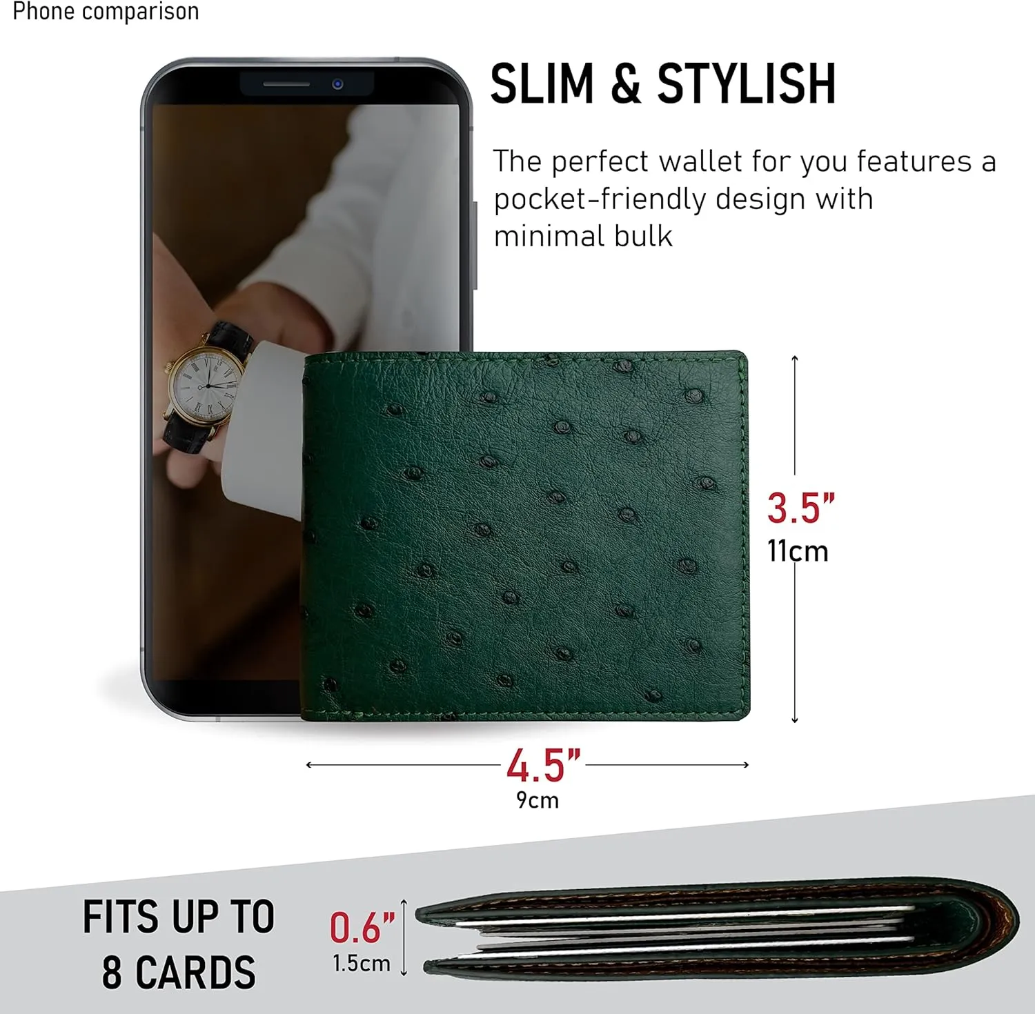 HATA Green Mens Ostrich Leather Bifold Wallet Double Side RFID Blocking Front Pocket Slim Wallet Gift For Him Handmade Vietnamese VINAMOS-08