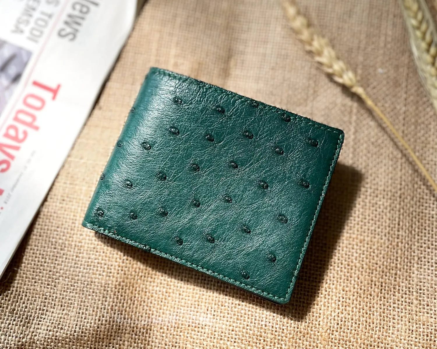 HATA Green Mens Ostrich Leather Bifold Wallet Double Side RFID Blocking Front Pocket Slim Wallet Gift For Him Handmade Vietnamese VINAMOS-08