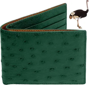HATA Green Mens Ostrich Leather Bifold Wallet Double Side RFID Blocking Front Pocket Slim Wallet Gift For Him Handmade Vietnamese VINAMOS-08