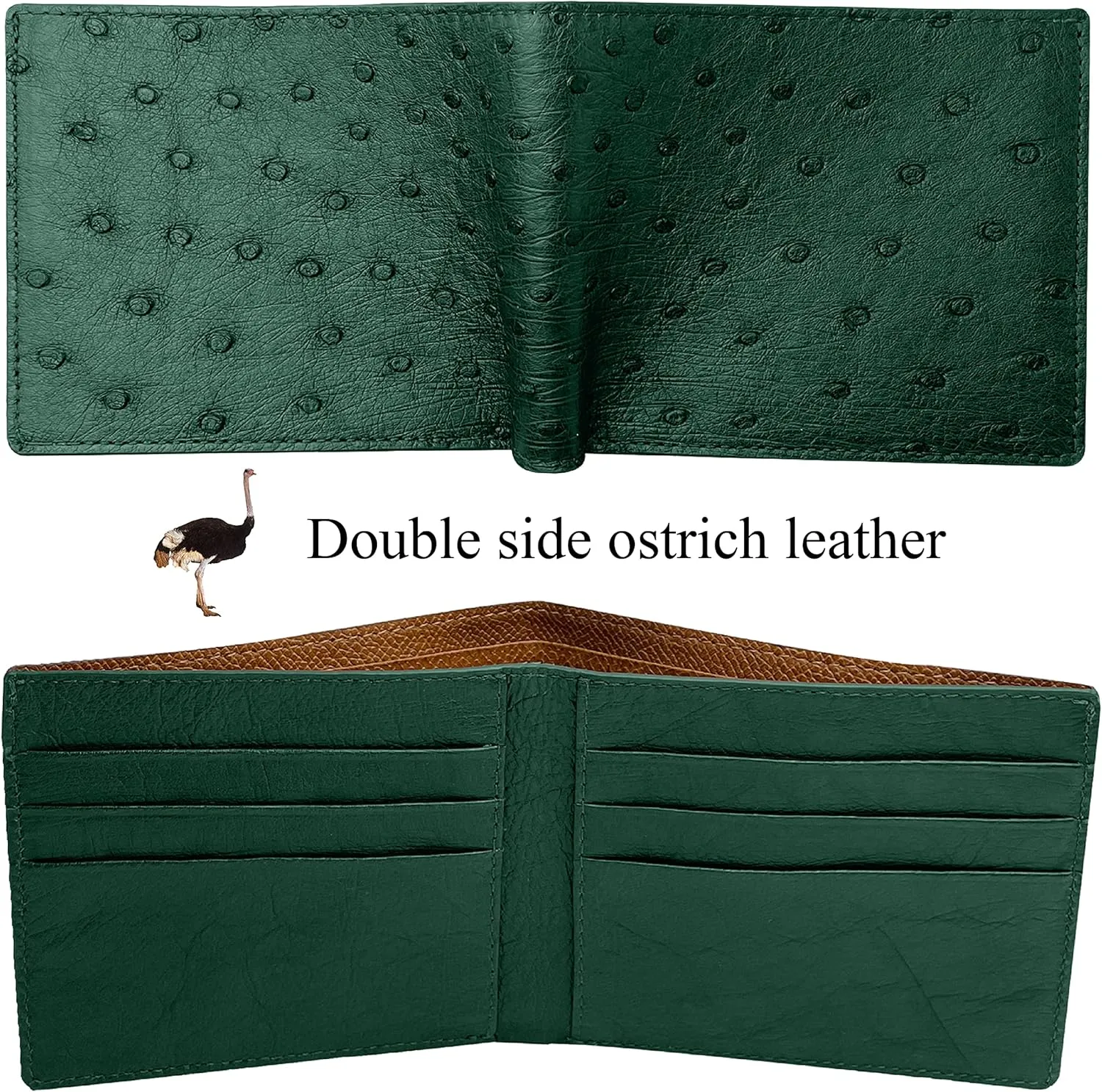 HATA Green Mens Ostrich Leather Bifold Wallet Double Side RFID Blocking Front Pocket Slim Wallet Gift For Him Handmade Vietnamese VINAMOS-08