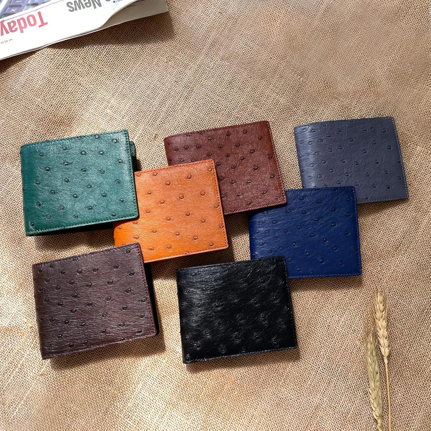 HATA Green Mens Ostrich Leather Bifold Wallet Double Side RFID Blocking Front Pocket Slim Wallet Gift For Him Handmade Vietnamese VINAMOS-08