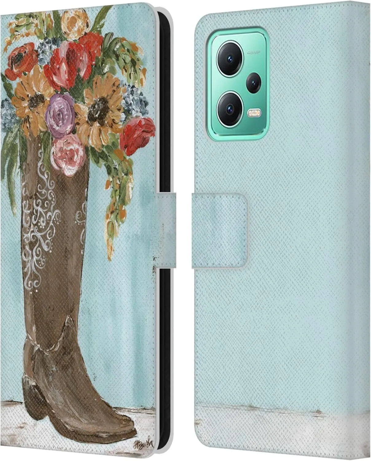 Head Case Designs Officially Licensed Haley Bush Boot Floral Painting Leather Book Wallet Case Cover Compatible with Xiaomi Redmi Note 12 5G