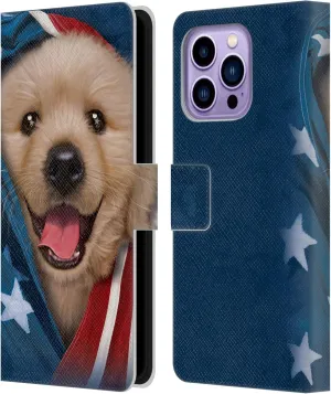 Head Case Designs Officially Licensed Vincent HIE Patriotic Golden Retriever Canidae Leather Book Wallet Case Cover Compatible with Apple iPhone 14 Pro Max