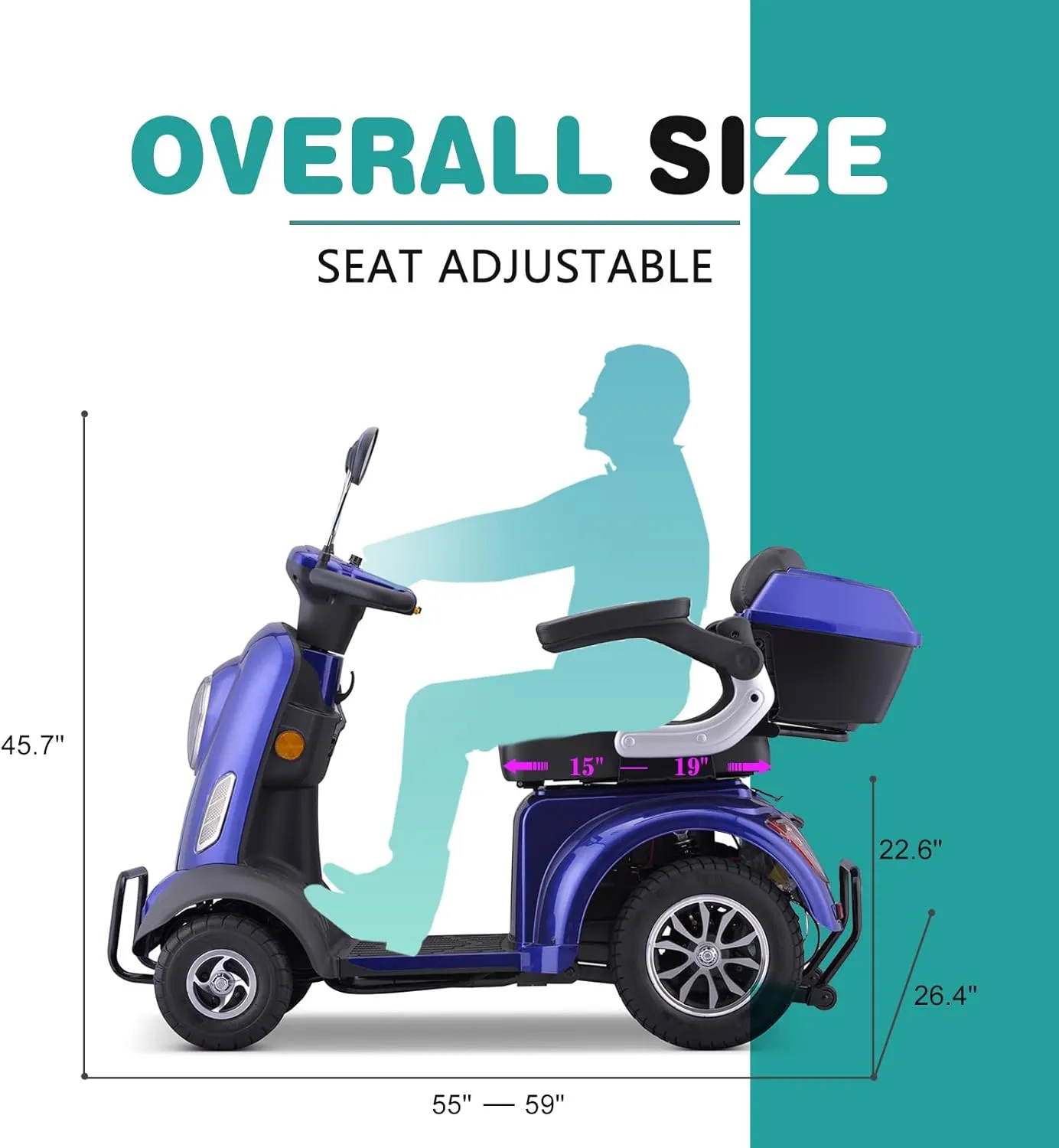 Heavy Duty 4-Wheels Mobility Scooter, 400 lb Capacity Large Wheelchair Device for Seniors & Adults, Speed Adjust, Storage Trunk, Ship Fully Assembled in US (Blue)
