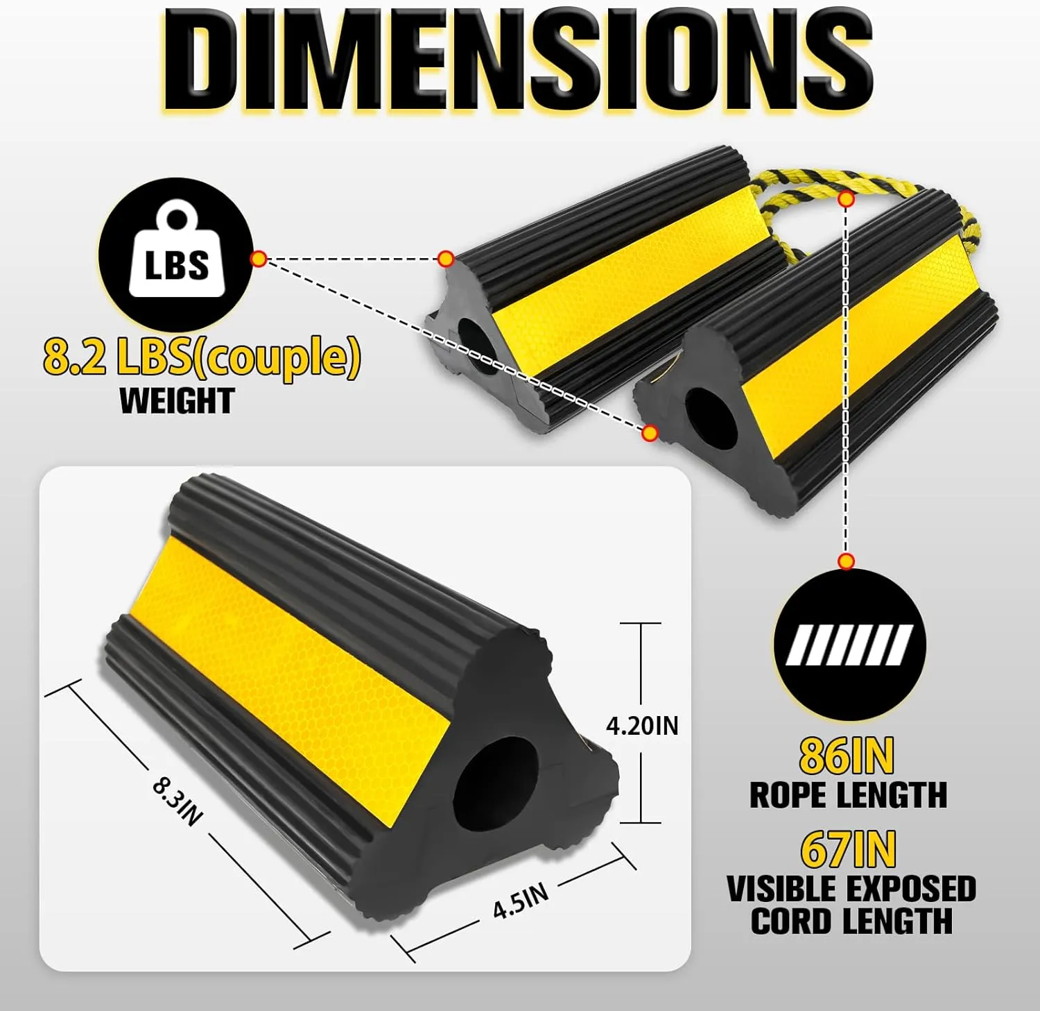 Heavy-Duty Wheel Chocks, Rubber Wheel Block Non-Slip Base with 86 Inch Nylon Rope Yellow Reflective Tape, Tire Chocks for Travel Trailers Car Camper Truck(8, 8 Pack with 4 Ropes)