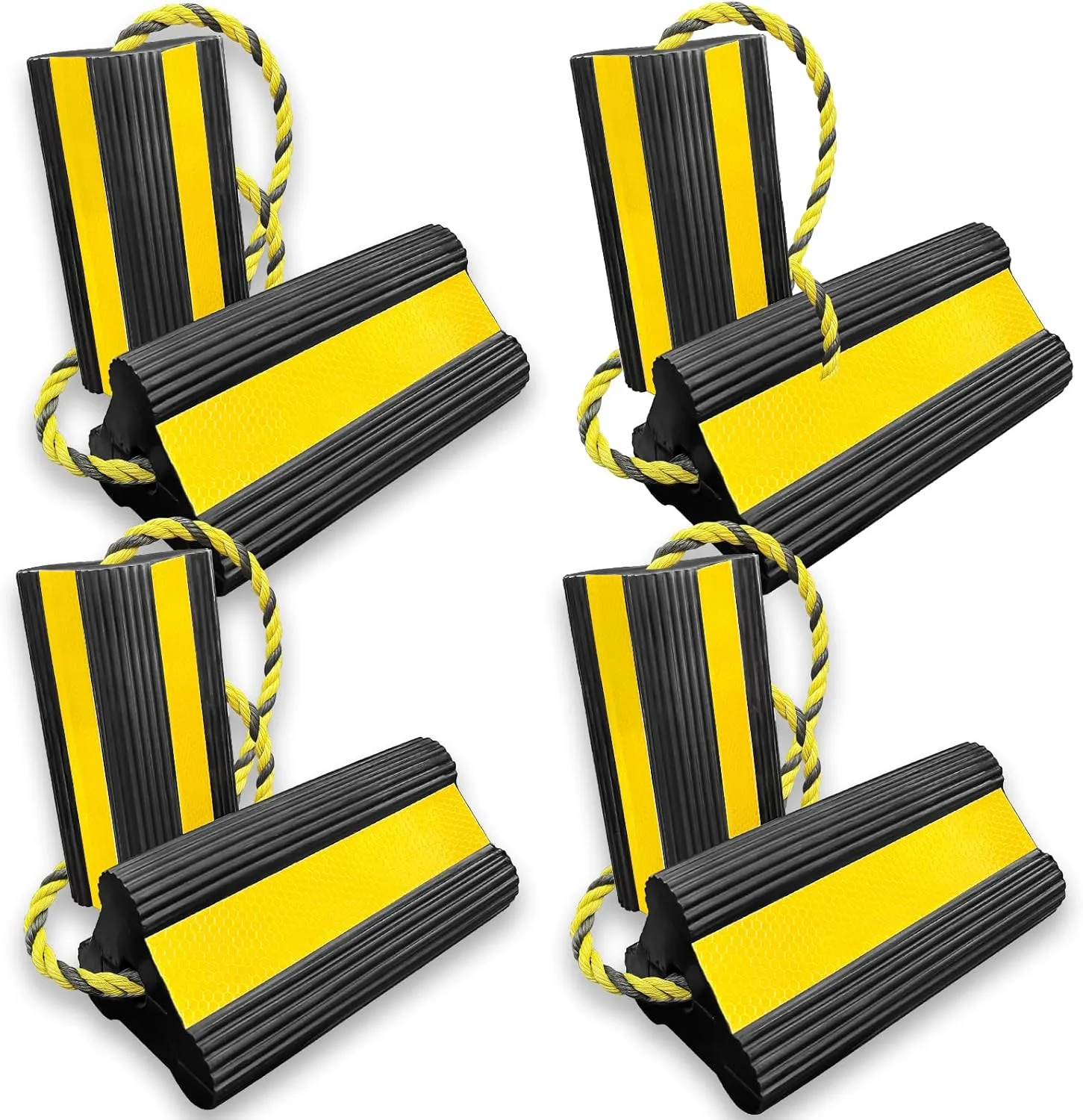 Heavy-Duty Wheel Chocks, Rubber Wheel Block Non-Slip Base with 86 Inch Nylon Rope Yellow Reflective Tape, Tire Chocks for Travel Trailers Car Camper Truck(8, 8 Pack with 4 Ropes)