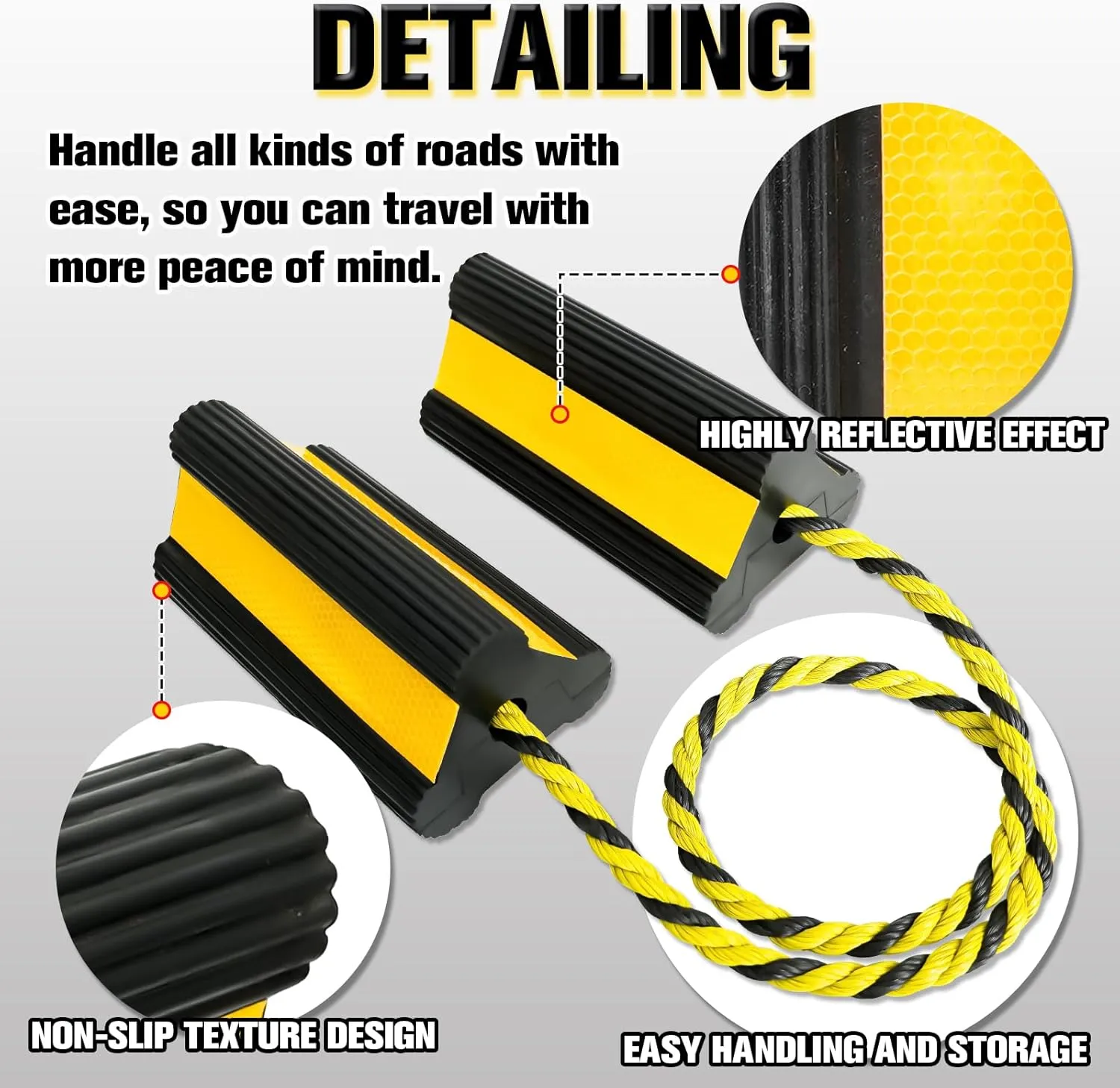 Heavy-Duty Wheel Chocks, Rubber Wheel Block Non-Slip Base with 86 Inch Nylon Rope Yellow Reflective Tape, Tire Chocks for Travel Trailers Car Camper Truck(8, 8 Pack with 4 Ropes)