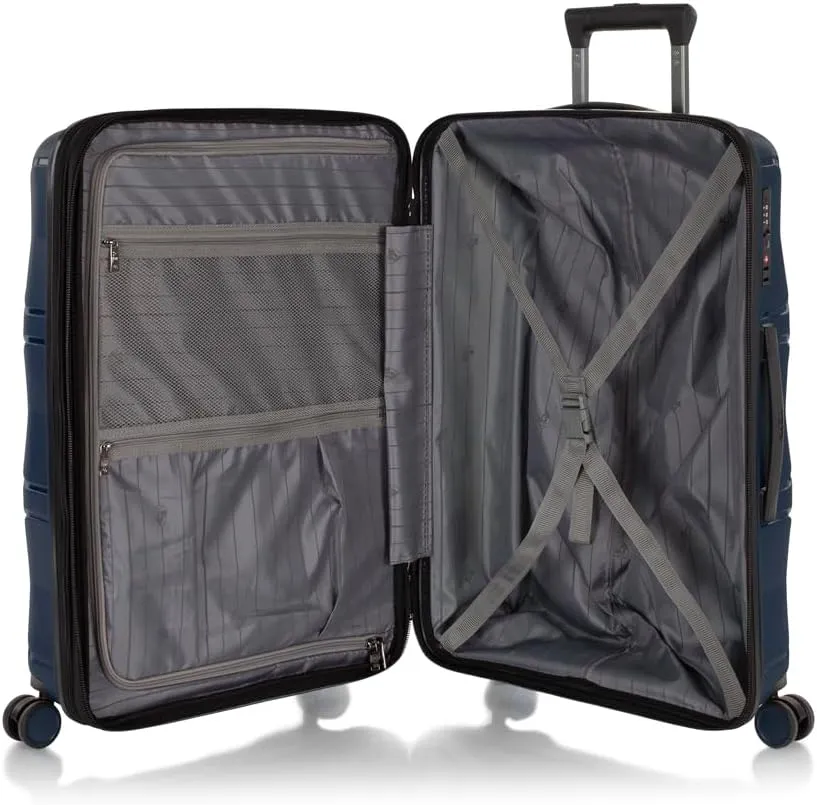 Heys Milos Durable and lightweight luggage, made with Duraflex impact-resistant material, TSA Combination Lock, Dual Spinner Wheels, and Expandable, Navy, 26-Inch, Medium Check-In