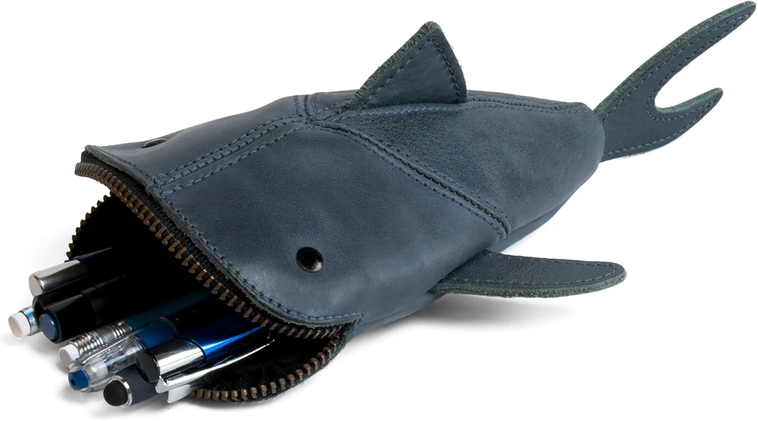 Hide & Drink, Full Grain Leather Zipper Coin Pouch, Change Bag, Pencil Purse, Scissors Case, Shark Shaped Cable Holder, Wallet, Makeup, Stuffed Animal, Handmade, Slate Blue