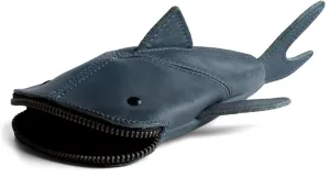 Hide & Drink, Full Grain Leather Zipper Coin Pouch, Change Bag, Pencil Purse, Scissors Case, Shark Shaped Cable Holder, Wallet, Makeup, Stuffed Animal, Handmade, Slate Blue