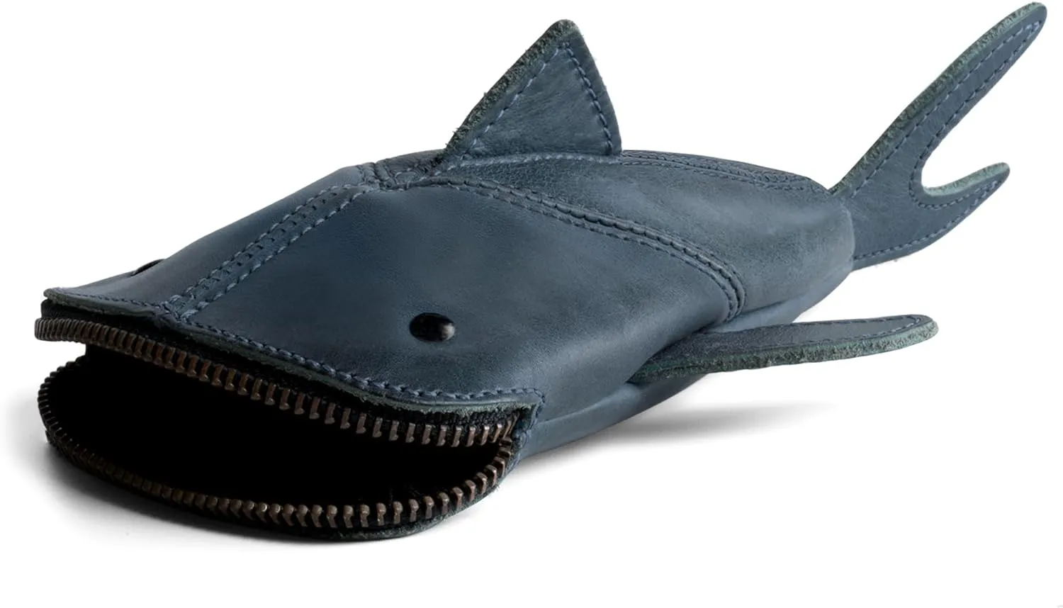 Hide & Drink, Full Grain Leather Zipper Coin Pouch, Change Bag, Pencil Purse, Scissors Case, Shark Shaped Cable Holder, Wallet, Makeup, Stuffed Animal, Handmade, Slate Blue