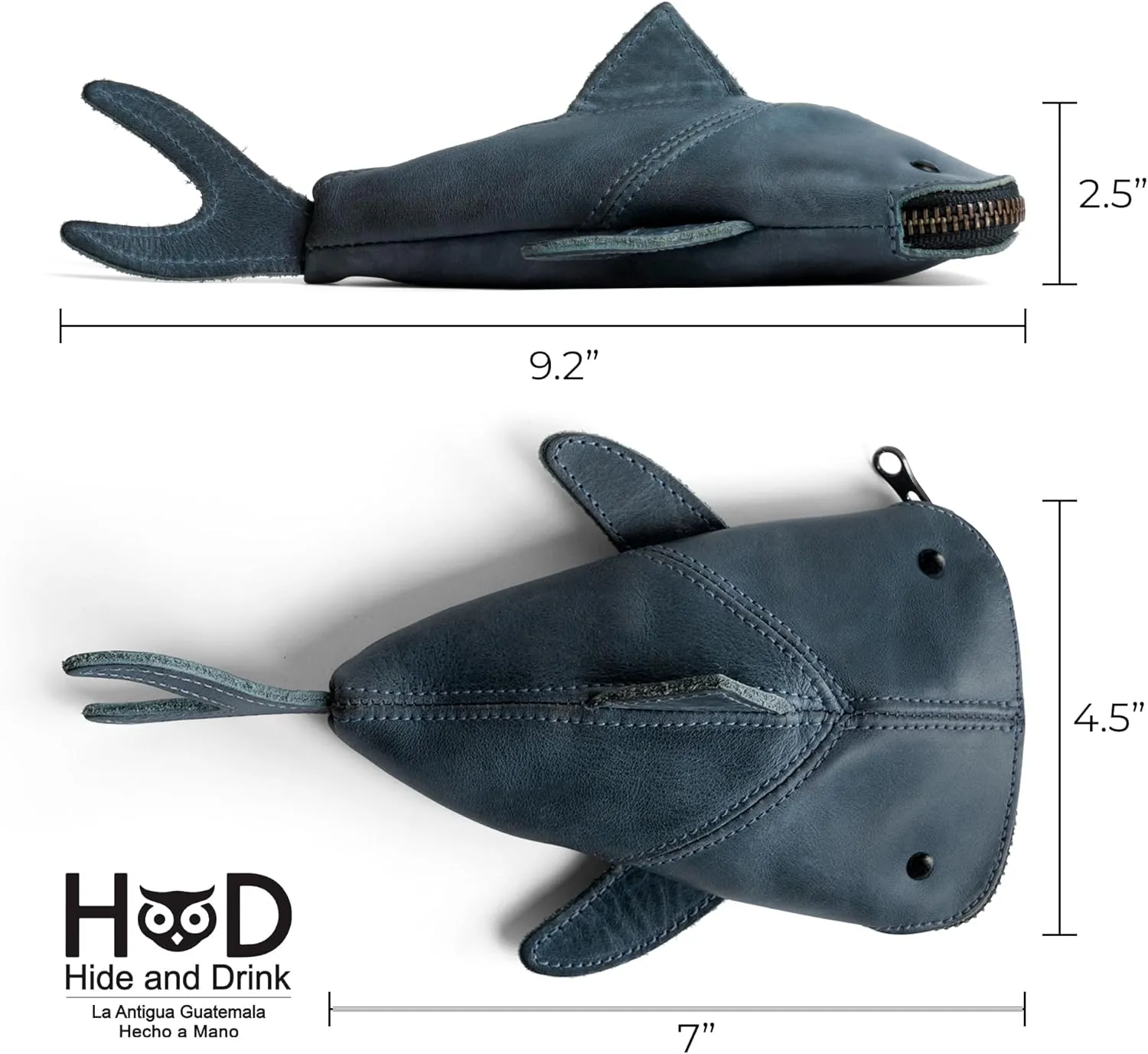 Hide & Drink, Full Grain Leather Zipper Coin Pouch, Change Bag, Pencil Purse, Scissors Case, Shark Shaped Cable Holder, Wallet, Makeup, Stuffed Animal, Handmade, Slate Blue