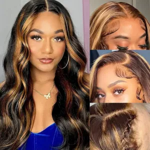 Highlight Lace Front Wig Human Hair 26 Inch 13x4 Body Wave Ombre Lace Front Wig Human Hair 1/27 Body Wave 200 Density Colored