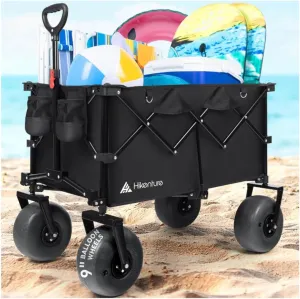 Hikenture Beach Wagon with Balloon Wheels, 9" PU Tires Collapsible Wagon, 308lbs Heavy Duty Beach Cart with Big Wheels for Sand, Large Capacity Utility Wagons Carts Foldable