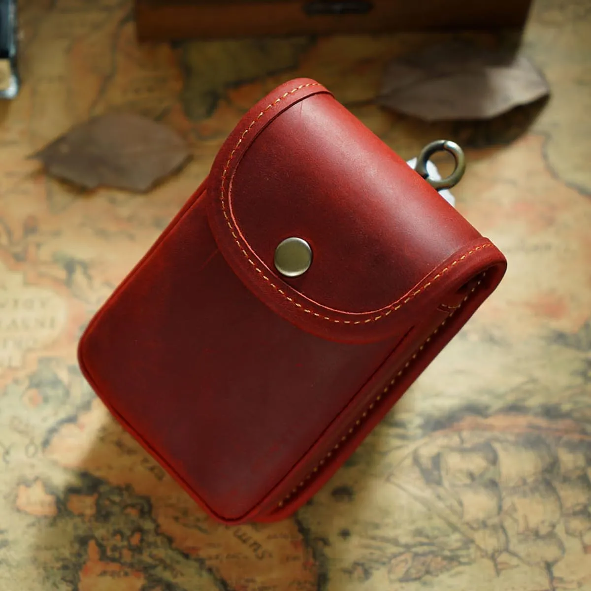 Holster Pouch, Leather Double Deck Playing Card Case Fits Poker and Bridge Size Cards, Durable Leather EDC Waist Bag for Coins, Car Keys, Headphones