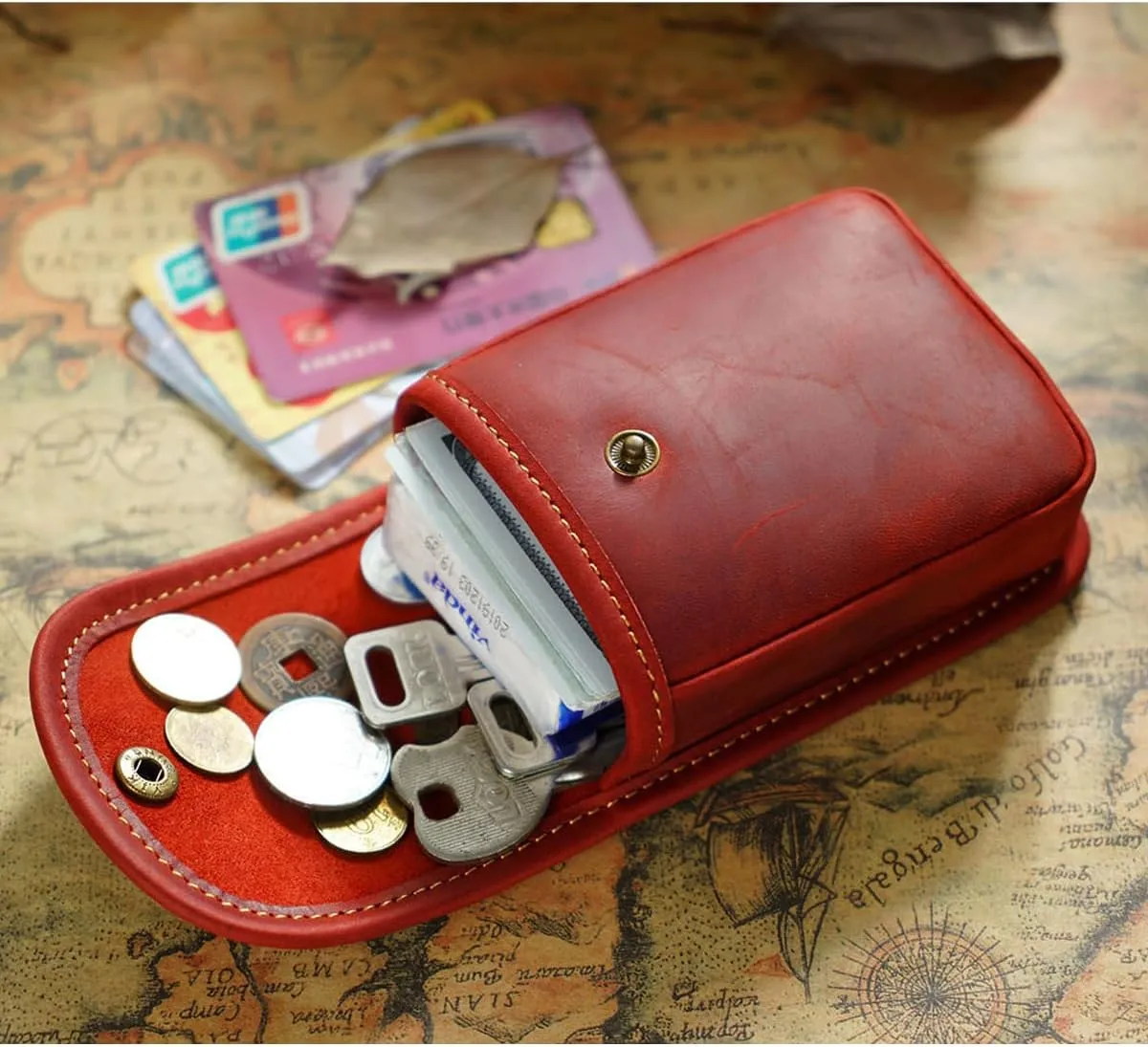 Holster Pouch, Leather Double Deck Playing Card Case Fits Poker and Bridge Size Cards, Durable Leather EDC Waist Bag for Coins, Car Keys, Headphones