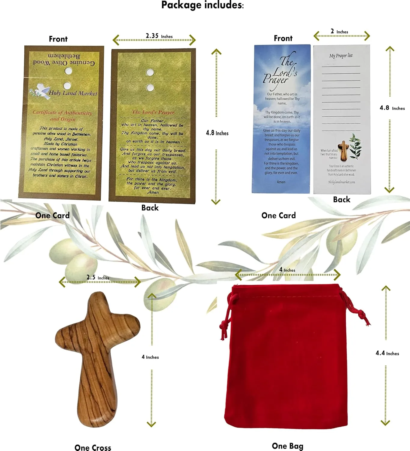 Holy Land Market Comfort/Holding Cross Also Known as Palm or Hand Cross With Velvet Bag And Two Certificates (4 Inches) (1 Count)