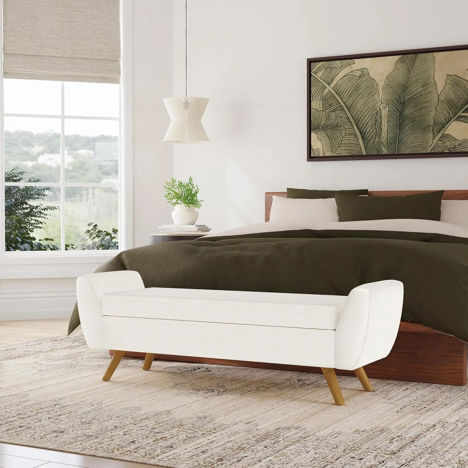 HomePop Modern Storage Bench with Wood Legs Home Décor|Bench with Storage for Living Room & Bedroom - Cream Textured Woven