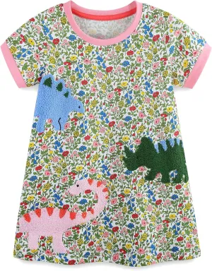 Hongshilian Little Girls Casual Cotton Dress Cartoon Print Short Sleeve Summer T-Shirt Skirt Dresses