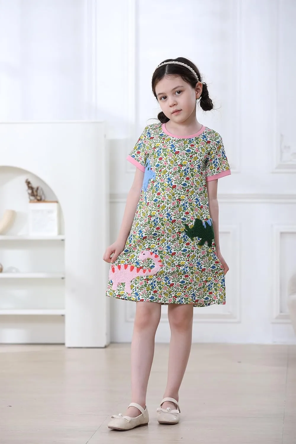Hongshilian Little Girls Casual Cotton Dress Cartoon Print Short Sleeve Summer T-Shirt Skirt Dresses