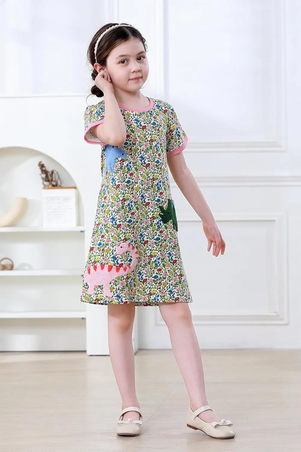 Hongshilian Little Girls Casual Cotton Dress Cartoon Print Short Sleeve Summer T-Shirt Skirt Dresses