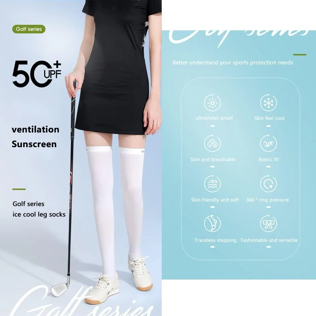 Hopply Golf Sun Protection Socks UPF50  Overknee Stocking Ice Silk Breathable Cool Socks for Women School Outdoor Sports
