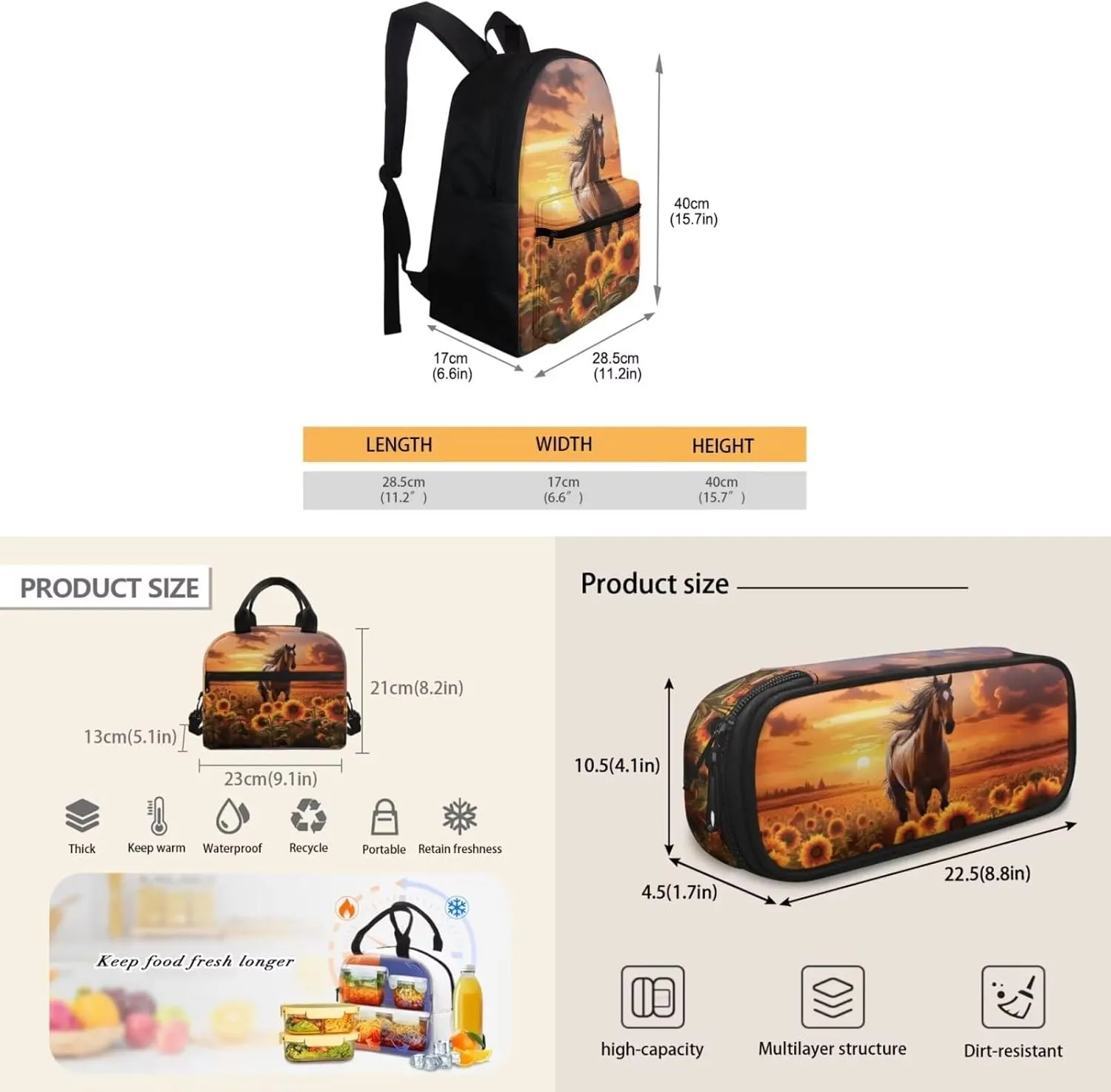 Horse Girl Print Bakpack Set for Kids 8-10 Sunflowers Print Girls Backpack Set Large Capacity Bookbag with Side Pockets Portable Lunch Bag Mini Pen Case 3 in 1