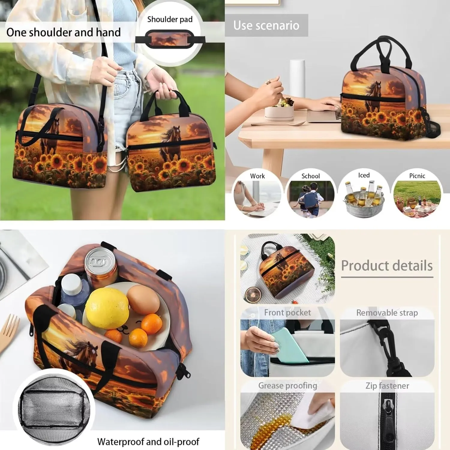 Horse Girl Print Bakpack Set for Kids 8-10 Sunflowers Print Girls Backpack Set Large Capacity Bookbag with Side Pockets Portable Lunch Bag Mini Pen Case 3 in 1