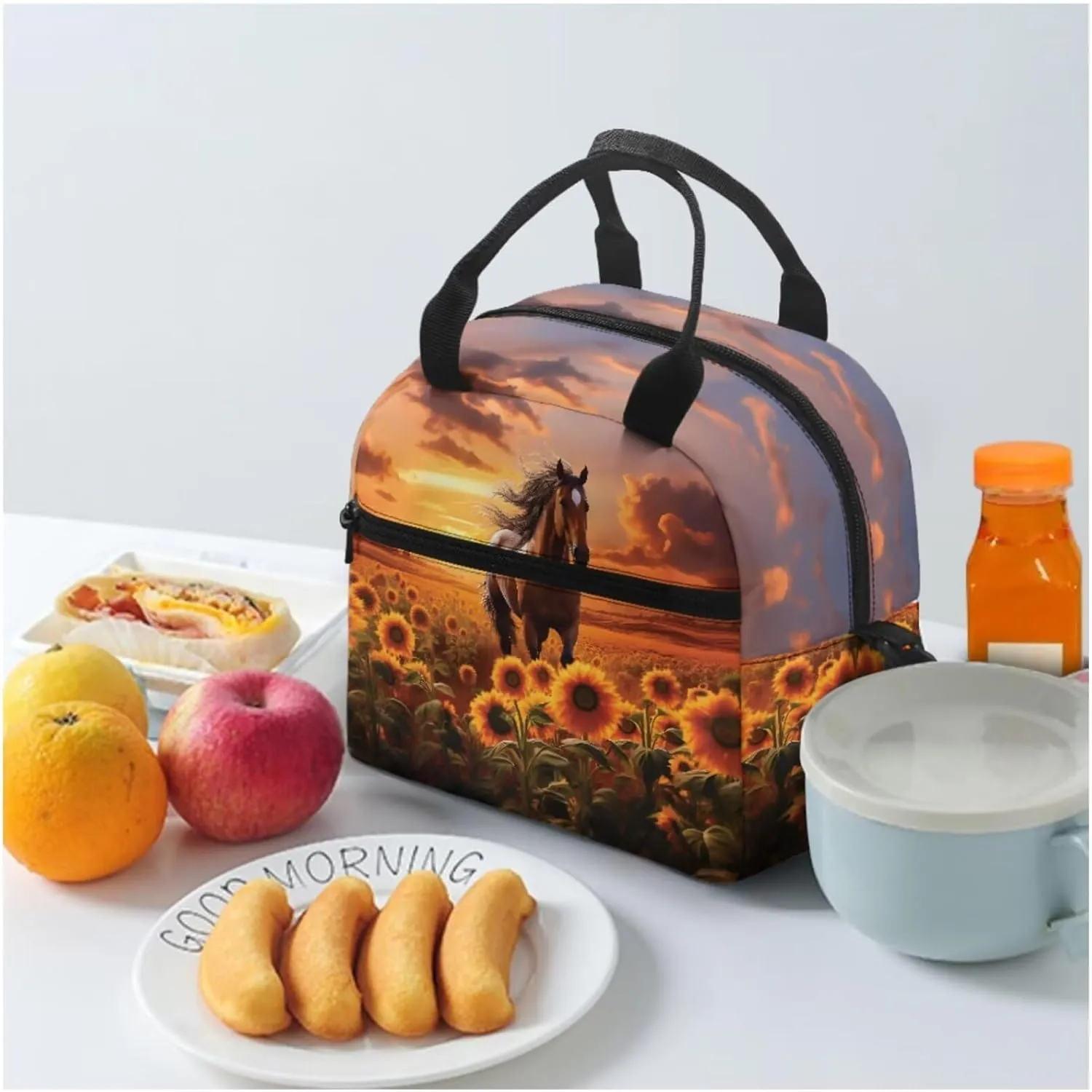 Horse Girl Print Bakpack Set for Kids 8-10 Sunflowers Print Girls Backpack Set Large Capacity Bookbag with Side Pockets Portable Lunch Bag Mini Pen Case 3 in 1